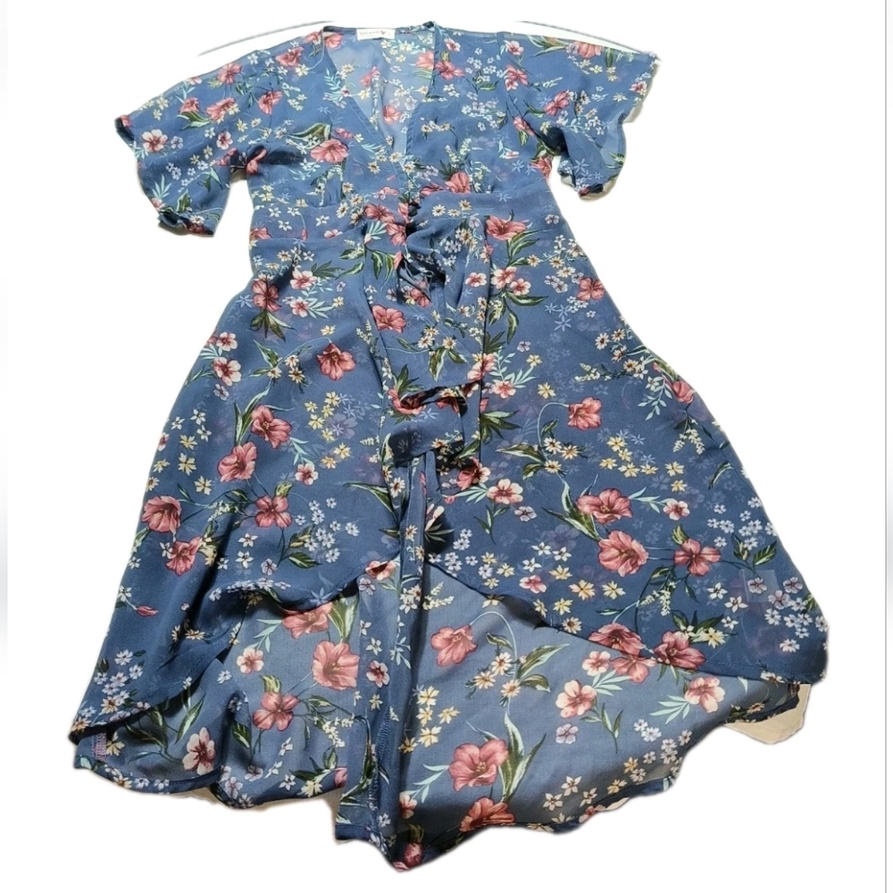 Knit Works Juniors Sz L Sheer Blue Floral Overlay Top/Dress Flutter Sleeve Boho